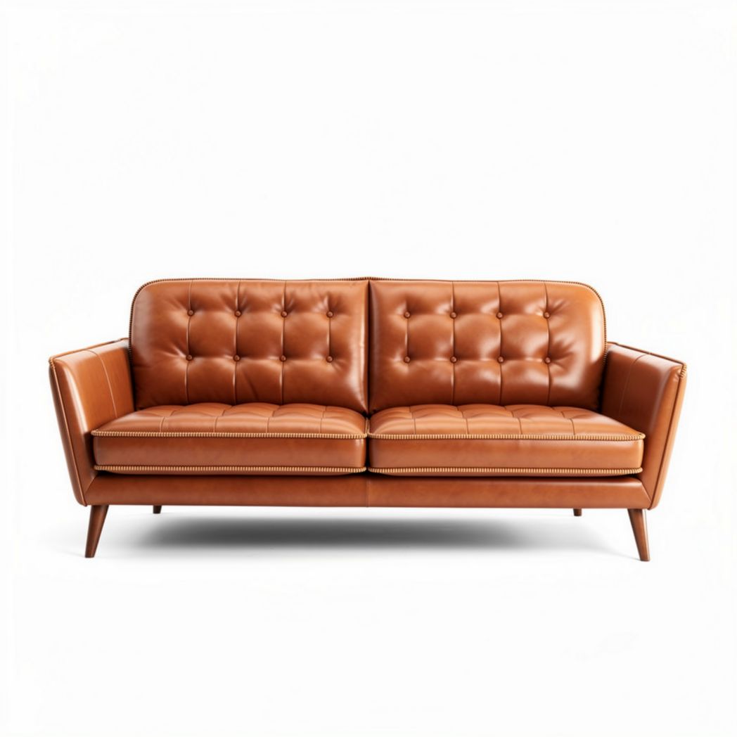 Leren bank met gestikte kussens en houten poten 200 x 85 x 75cm
