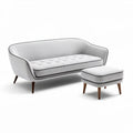 Bank en poef van vergrijsd stof met houten poten 200 x 90 x 80cm