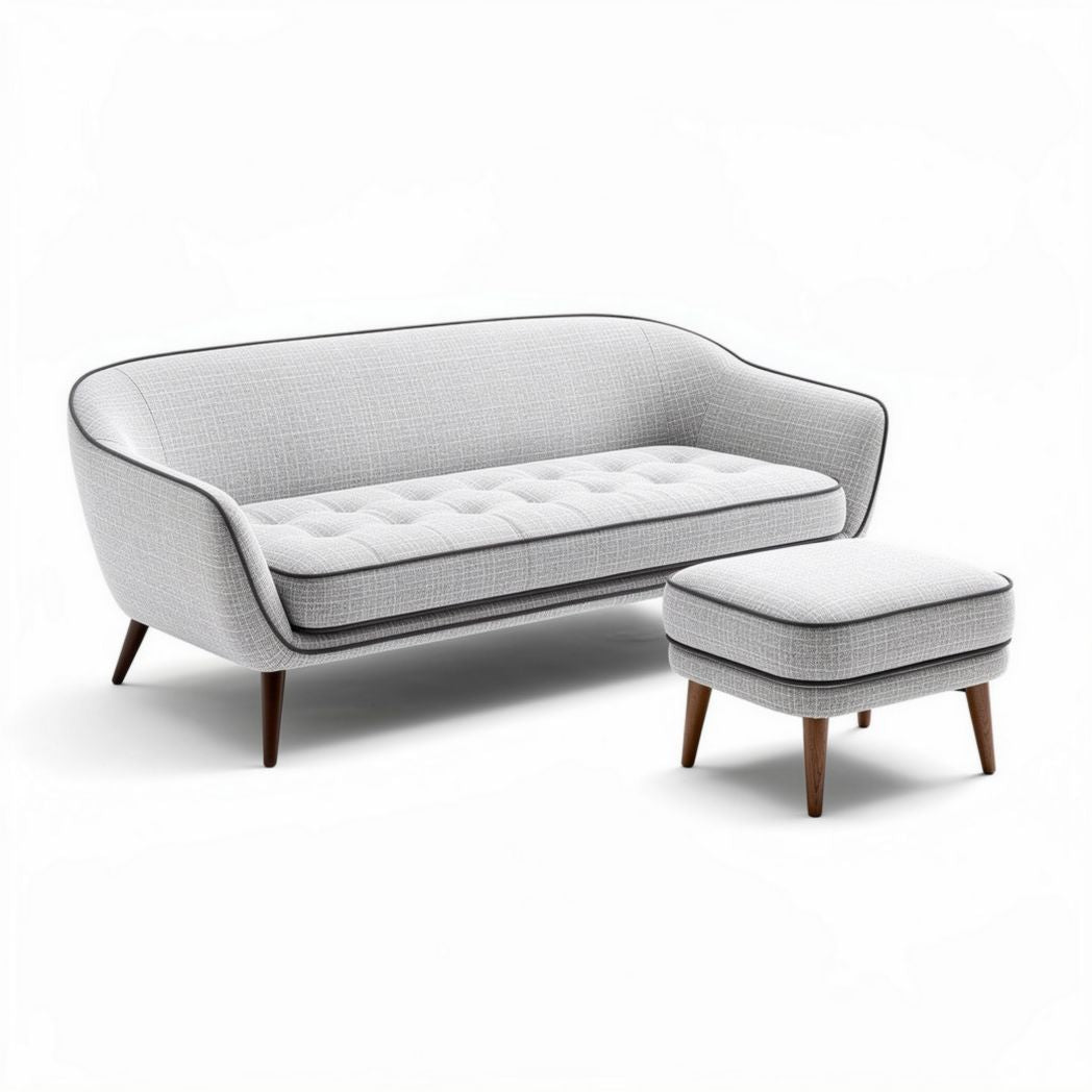 Bank en poef van vergrijsd stof met houten poten 200 x 90 x 80cm