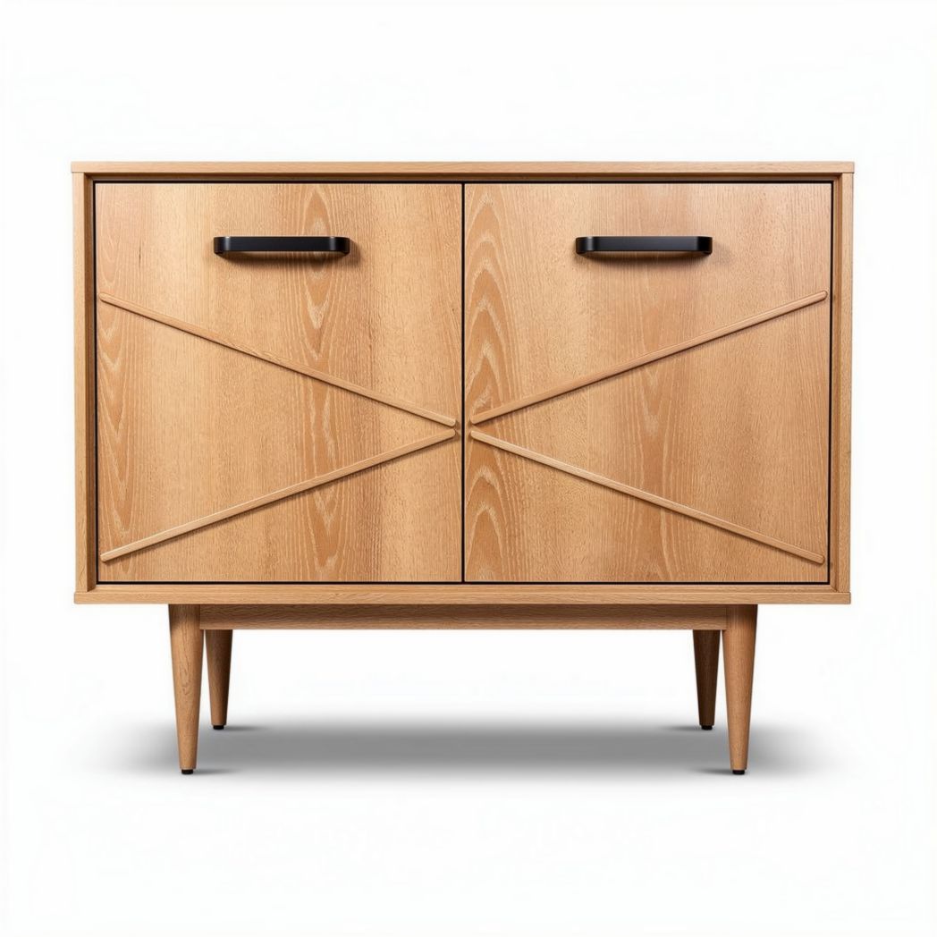 Houten kast met twee deuren en zwart metalen handgrepen 90 x 40 x 70cm