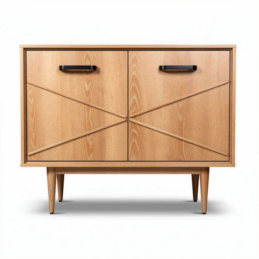 Houten kast met twee deuren en zwart metalen handgrepen 90 x 40 x 70cm