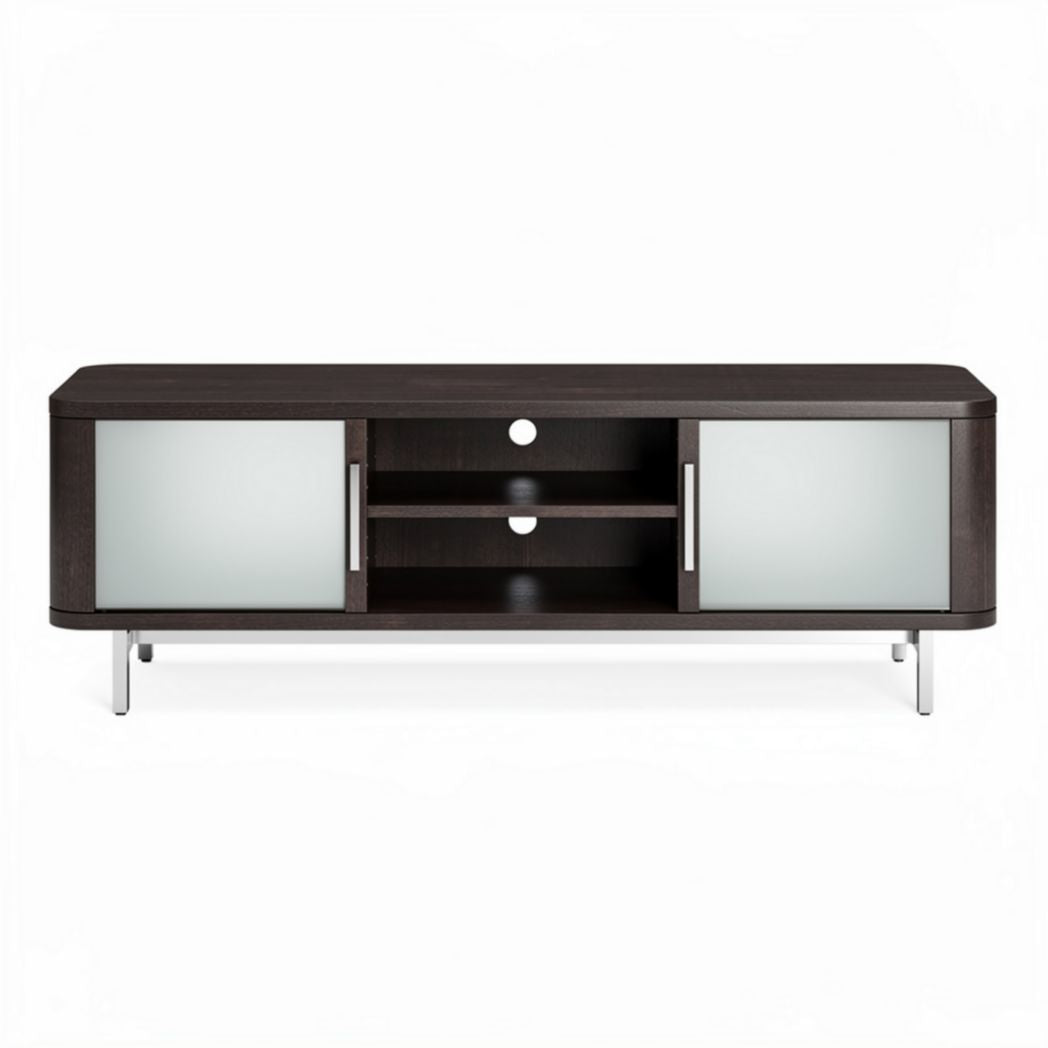 Zwart tv-meubel met glanzende afwerking en glazen deuren 150 x 40 x 60cm