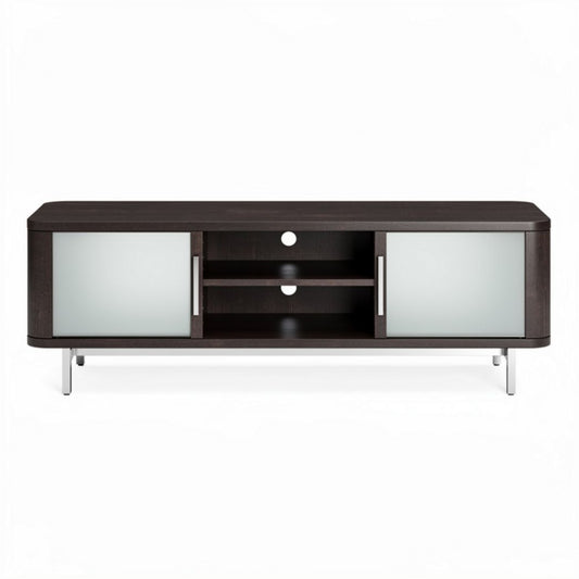 Zwart tv-meubel met glanzende afwerking en glazen deuren 150 x 40 x 60cm
