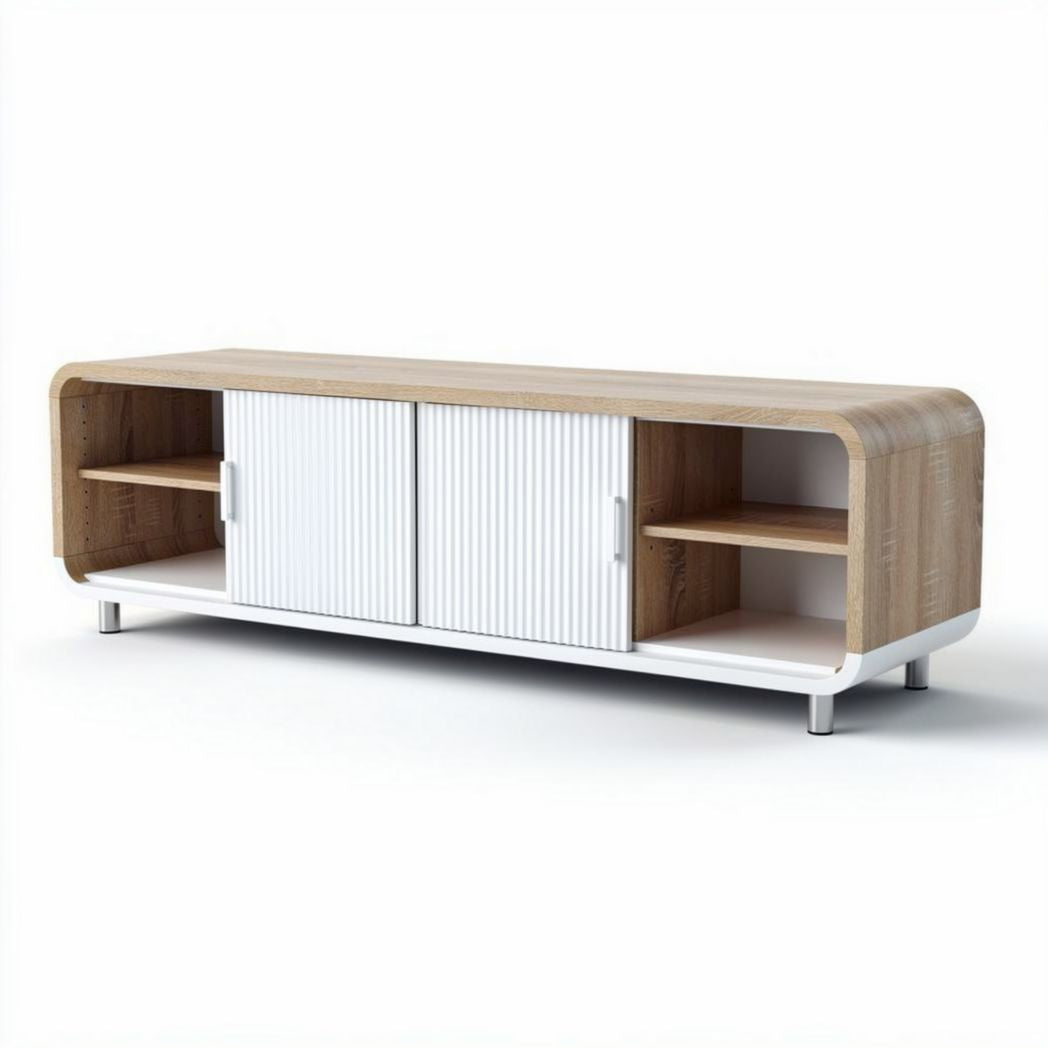Houten tv-meubel met schuifdeuren in wit en natuurlijk hout 150 x 40 x 50cm