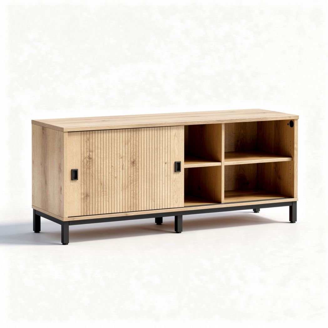 Eiken tv-meubel met open opbergvak en deurtjes 150 x 40 x 70cm