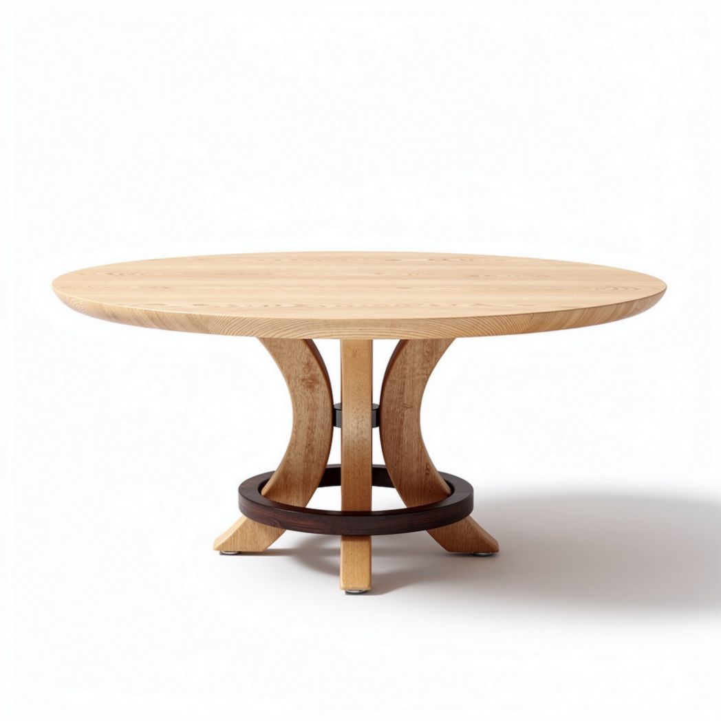 Eikenhouten tafel met ronde blad en een diamater van 150cm en hoogte van 75cm