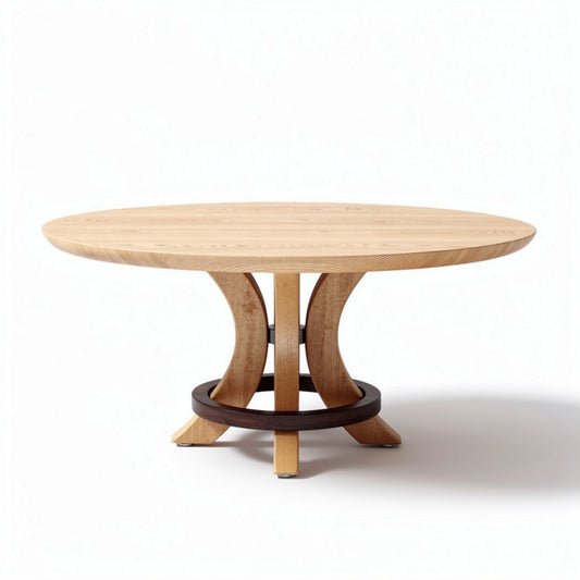 Eikenhouten tafel met ronde blad en een diamater van 150cm en hoogte van 75cm